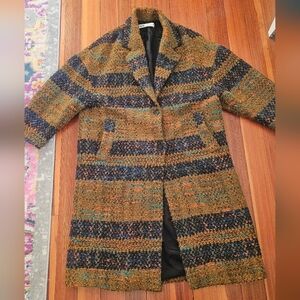 Zara Wool Blend Tweed Multicolor Gold Blue Orange Pea Coat Size Medium